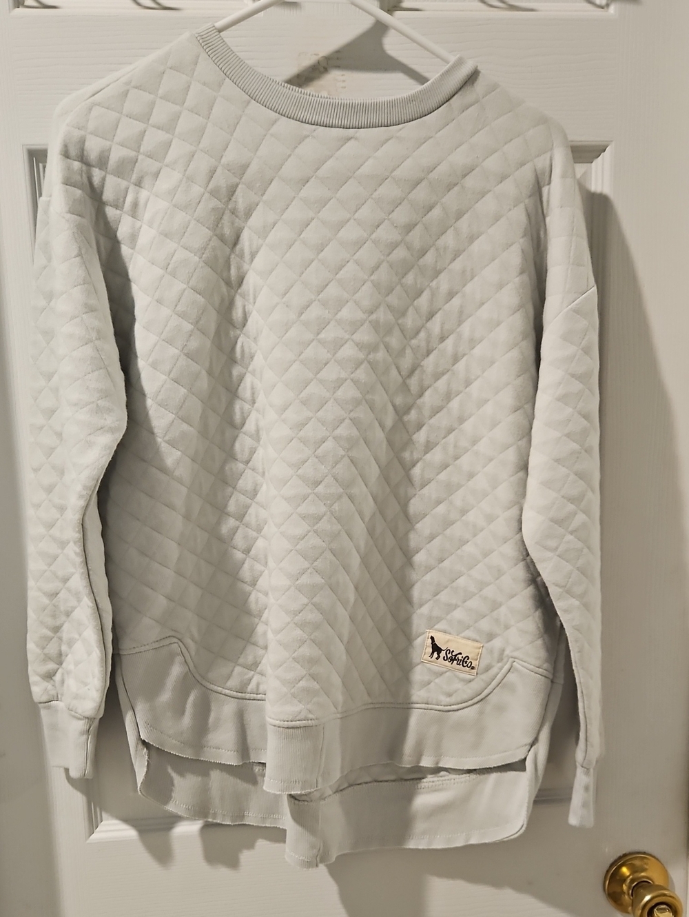 Quilted Light Blue Gray Sweatshirt with Logo Patch
